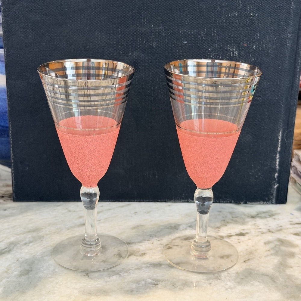 Vintage 1960s Pink Sugar Frosted Atomic Mid Century Stemmed Cocktail Glass Pair